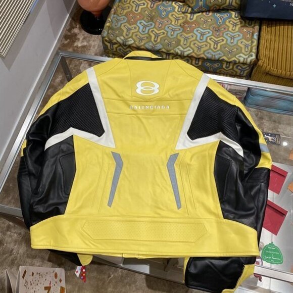 Balenciaga Racer Oversized Distressed Panelled Leather Jacket – Signal Yellow - Picture 2 of 9